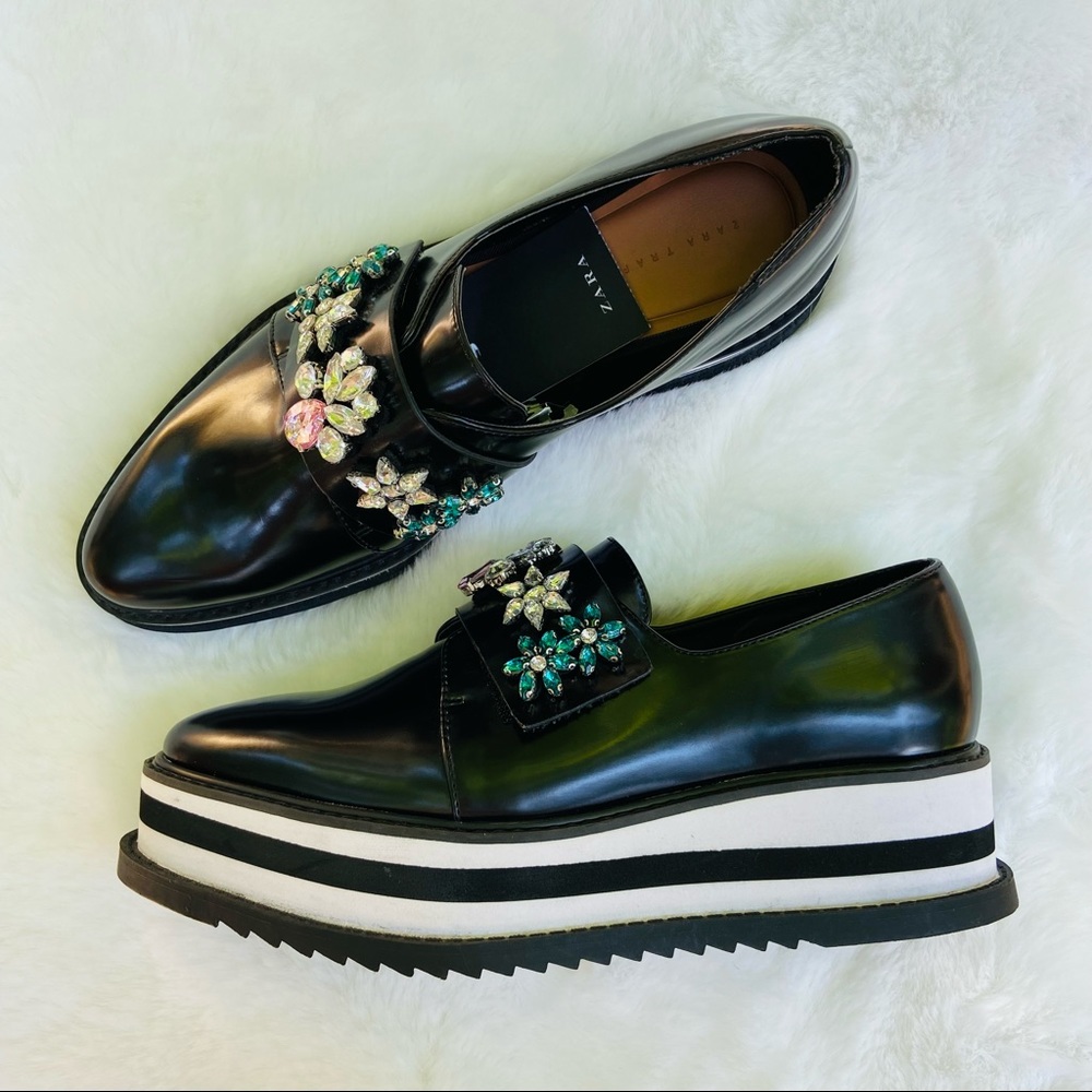 New Zara Trafaluc Bejeweled Platform black Shoes - Picture 11 of 14